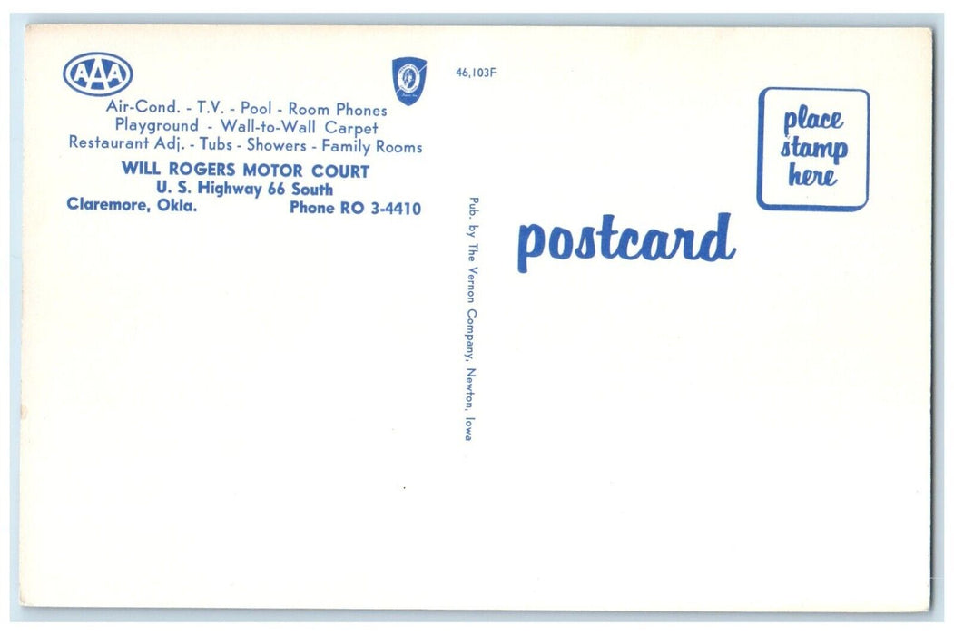 c1960's Will Rogers Motor Court Motel Roadside Claremore Oklahoma OK Postcard