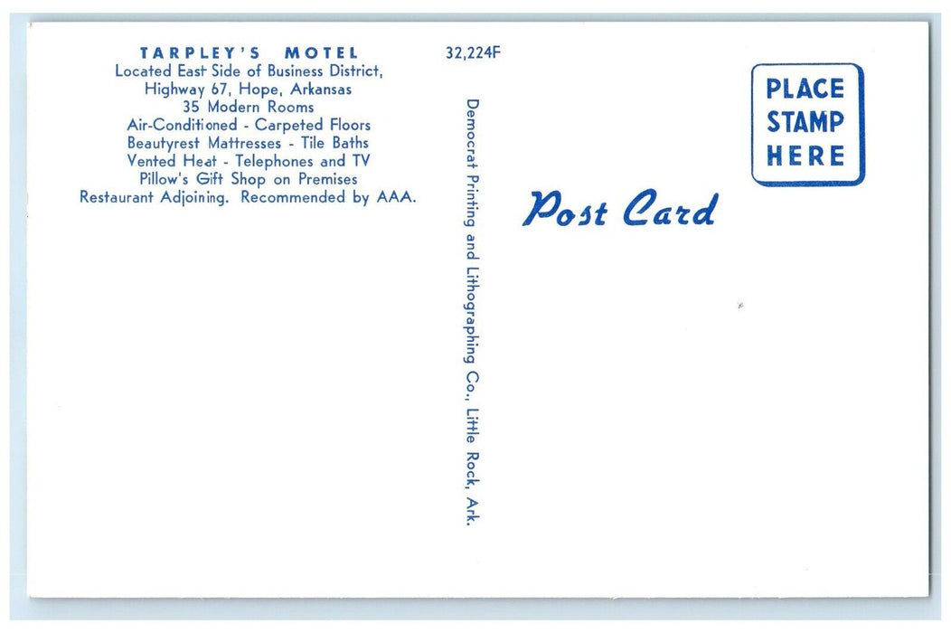 c1950's Tarpley's Motel Roadside Hope Arkansas AR Unposted Vintage Postcard