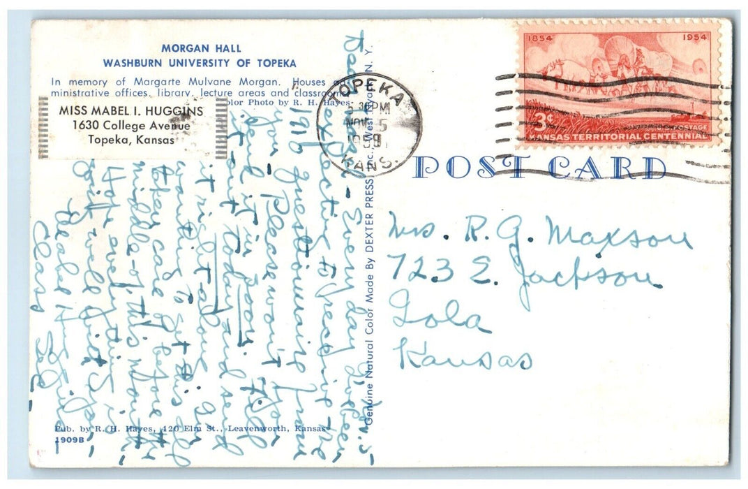 1959 Exterior View Morgan Hall Washburn University Topeka Kansas Posted Postcard