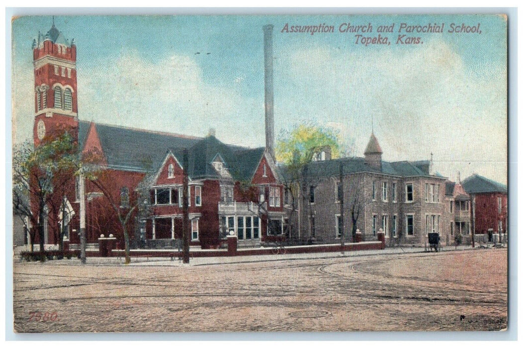 1915 Exterior View Assumption Church Parochial School Topeka Kansas KS Postcard