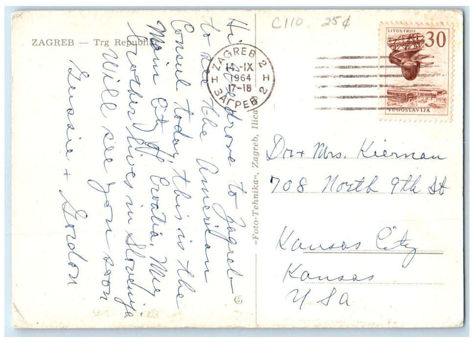 1964 Busy Scene at the Republic Square Zagreb Croatia Vintage Unposted Postcard