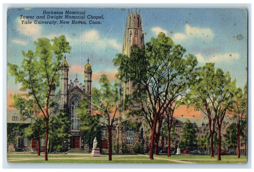 1944 Harkness Memorial Tower Dwight Memorial Chapel Yale University CT Postcard