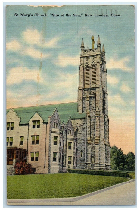 1946 Exterior View St Mary Church Star Sea New London Connecticut Linen Postcard