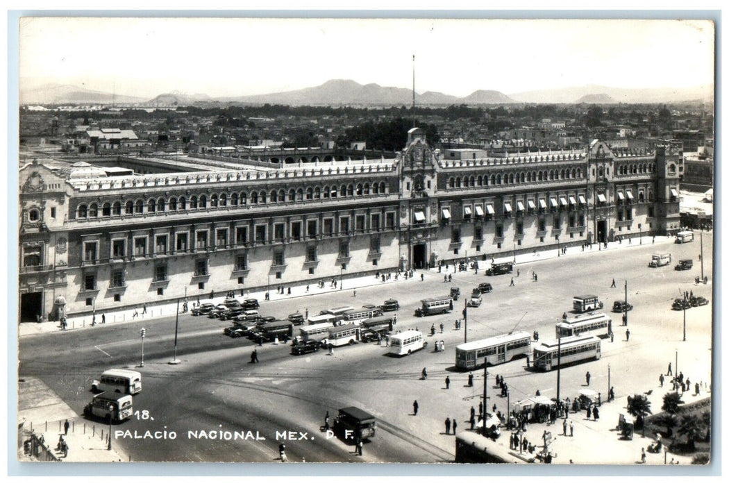 c1940's Bus Cars Crowd View National Palace Mexico RPPC Photo Postcard