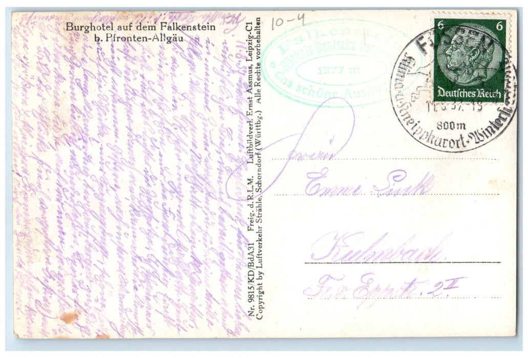 1937 The Falkenstein Highest German Castle Allgau Germany RPPC Photo Postcard