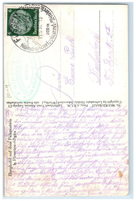 1937 The Falkenstein Highest German Castle Allgau Germany RPPC Photo Postcard