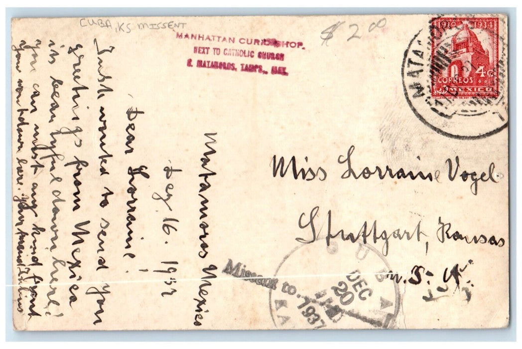 1937 Couple Romance Big Hat Scarf Cuba Kansas Missent RPPC Photo Posted Postcard