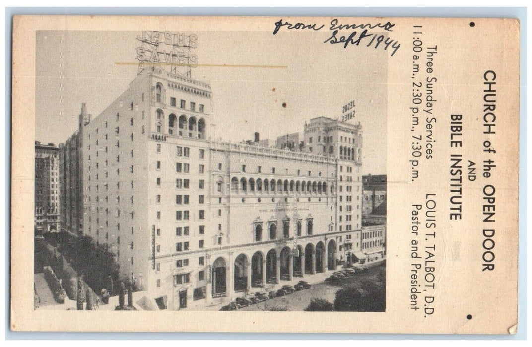 1944 Church Open Door Bible Institute Los Angeles California CA Antique Postcard