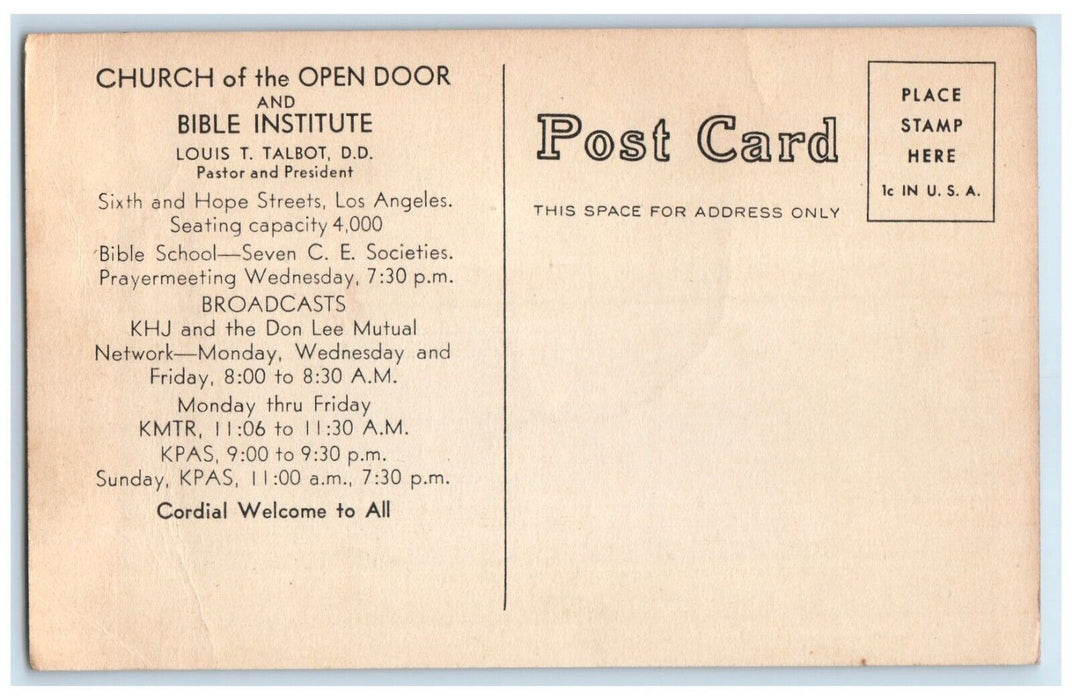 1944 Church Open Door Bible Institute Los Angeles California CA Antique Postcard