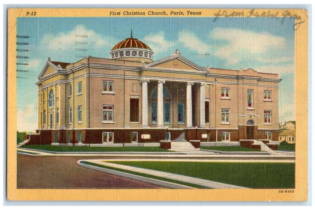 1953 Front View First Christian Church Building Paris Texas TX Vintage Postcard