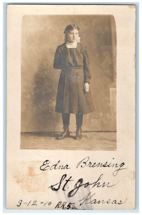 1910 Pretty Girl Studio Portrait Garfield Kansas KS RPPC Photo Antique Postcard