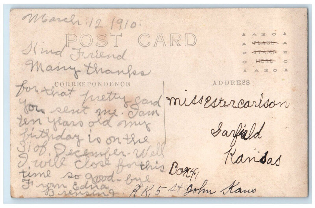 1910 Pretty Girl Studio Portrait Garfield Kansas KS RPPC Photo Antique Postcard