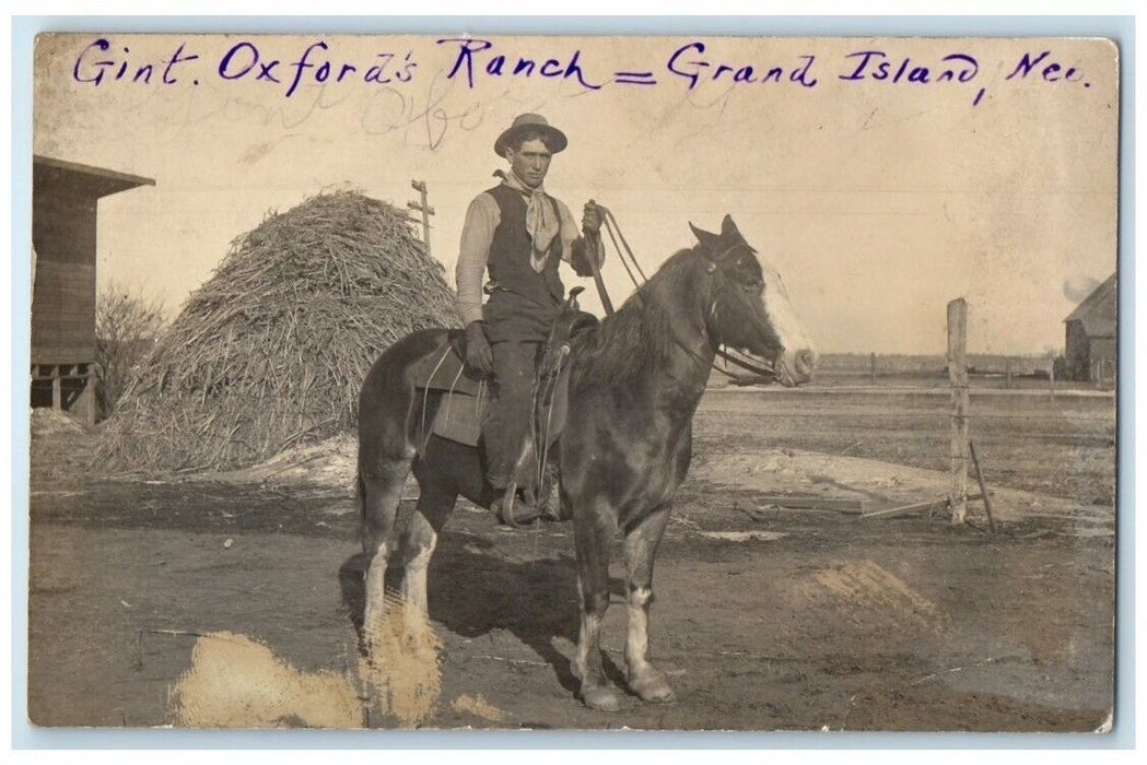 c1910's Gint. Oxford's Rance Horse Cowboy Grand Island NE RPPC Photo Postcard