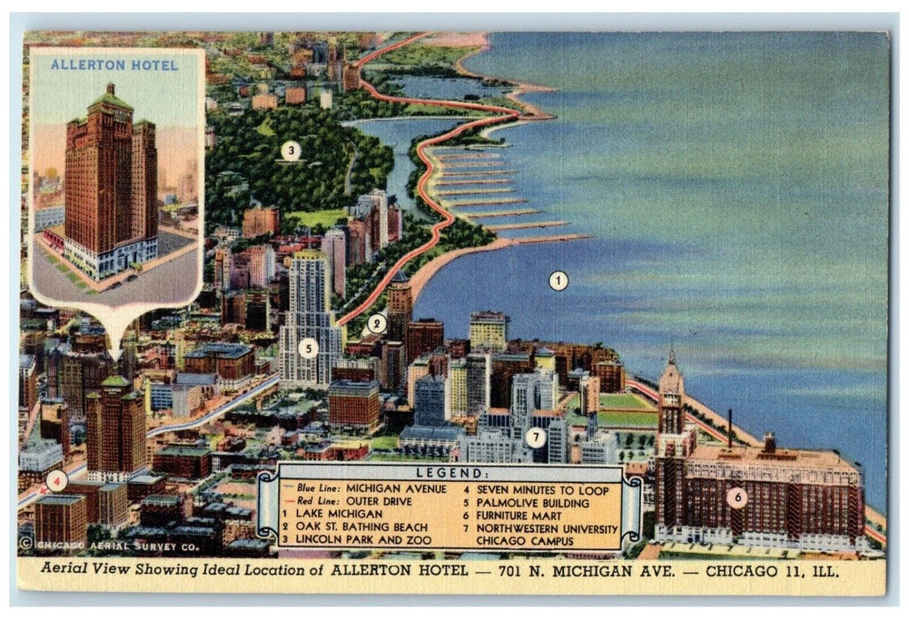 c1950's Aerial View Allerton Hotel Building Chicago Illinois IL Vintage Postcard