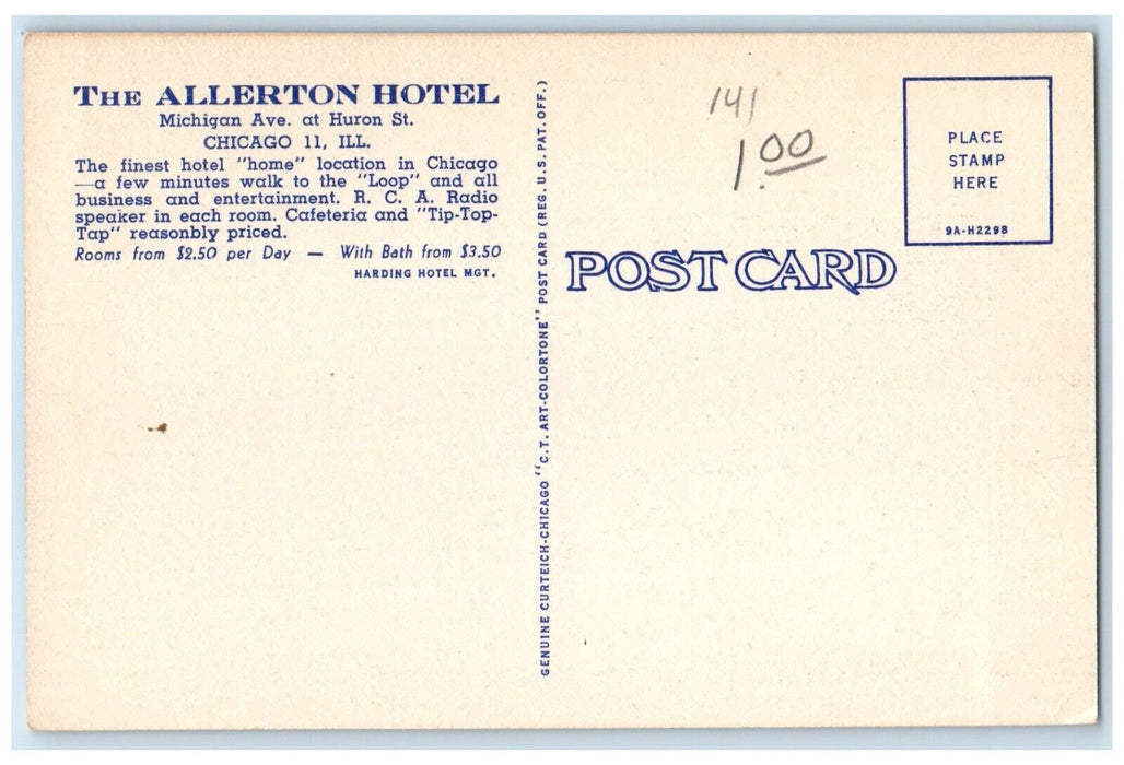 c1950's Aerial View Allerton Hotel Building Chicago Illinois IL Vintage Postcard