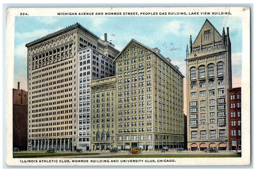 1922 Chicago IL, Athletic Club Monroe Building And University Club Cars Postcard