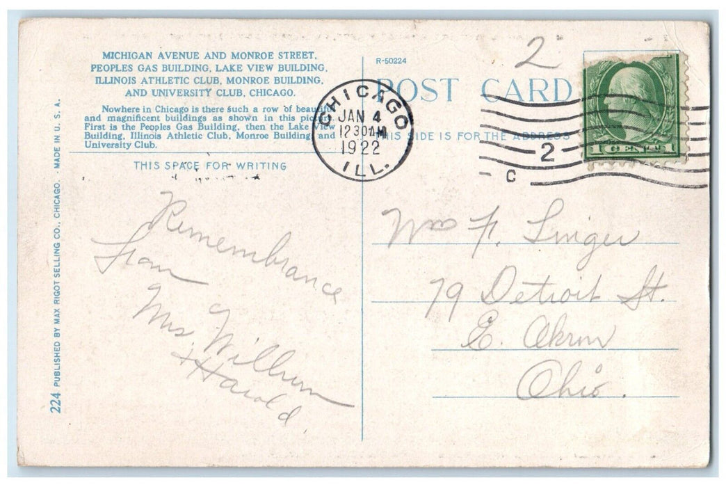 1922 Chicago IL, Athletic Club Monroe Building And University Club Cars Postcard