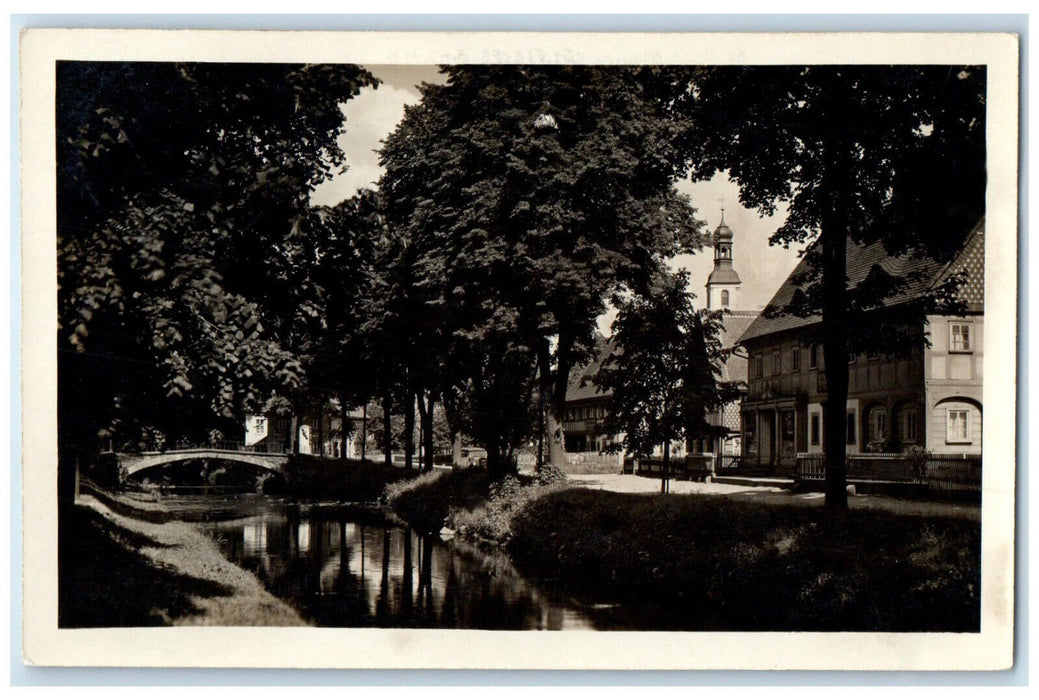 1939 Bridge River Buildings View Grossschoenau Germany RPPC Photo Postcard