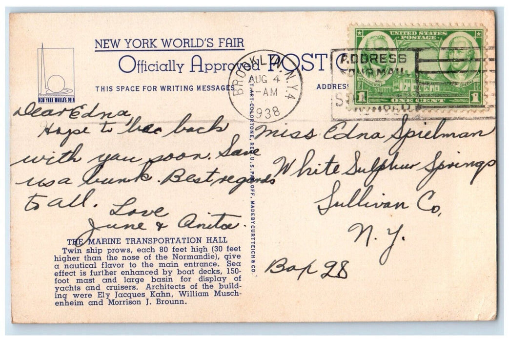 1939 The Marine Transportation Hall New York World's Fair Brooklyn NY Postcard