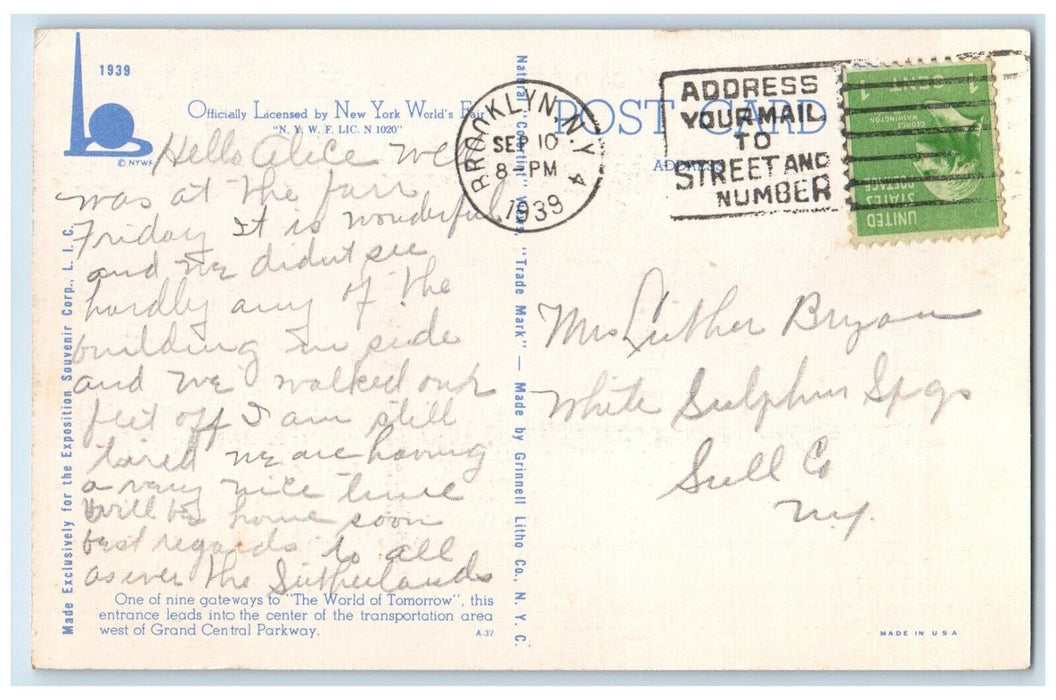 1939 New York World's Fair Corona Gate North Brooklyn NY Posted Vintage Postcard