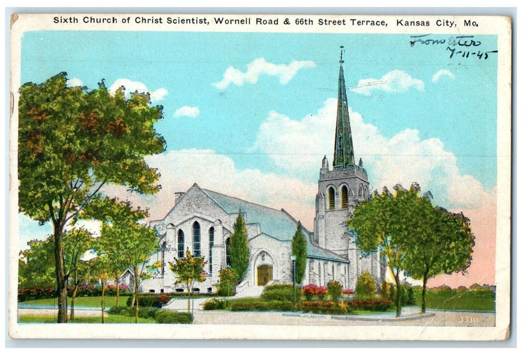 1944 Sixth Church Christ Scientist Wornell Road Terrace Kansas City MO Postcard