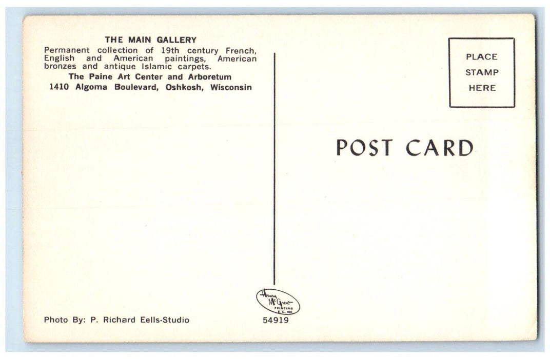 c1960 Main Gallery Paine Art Center Arboretum Algoma Oshkosh Wisconsin Postcard