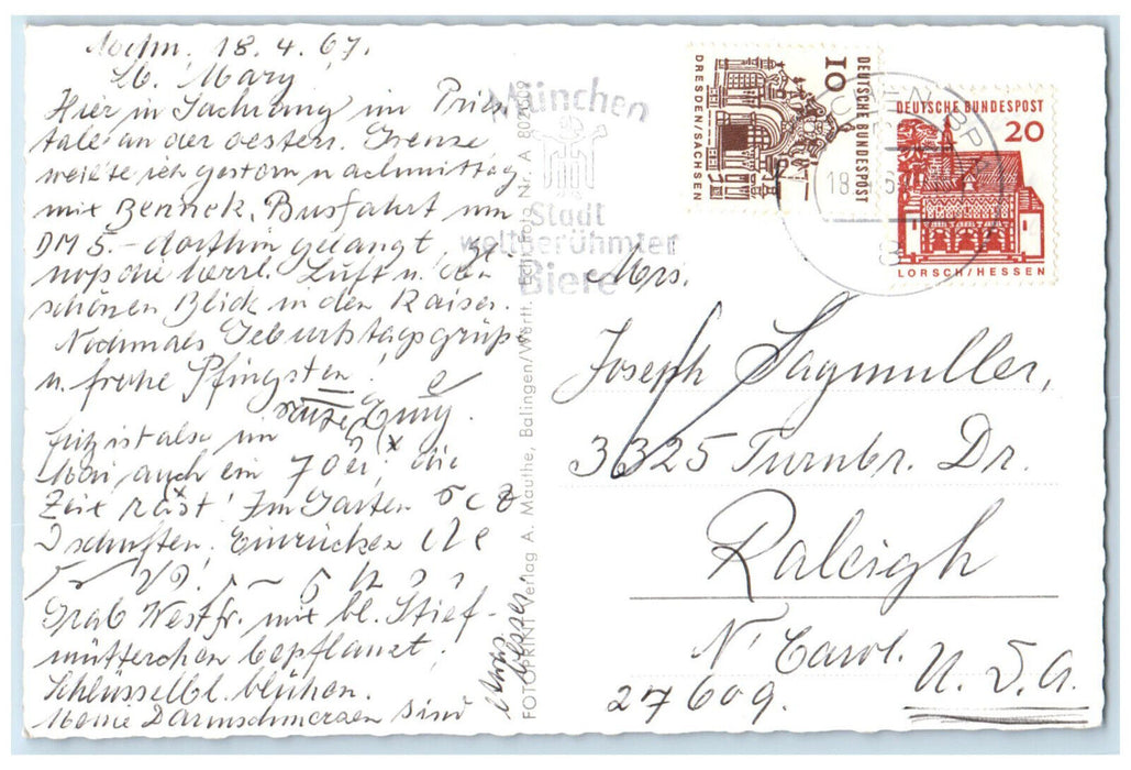 1967 Sachrang Obb Kaiser Mountain Germany to Raleigh NC USA RPPC Photo Postcard