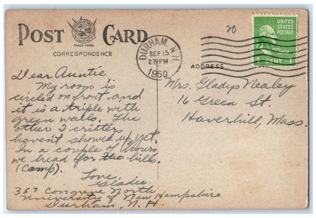 1950 Congreve Hall University New Hampshire Durham New Hampshire Posted Postcard