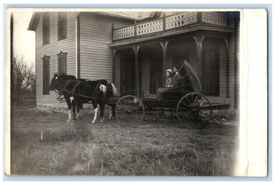 c1910's Father And Son Rising Horses Carriage House RPPC Photo Antique Postcard
