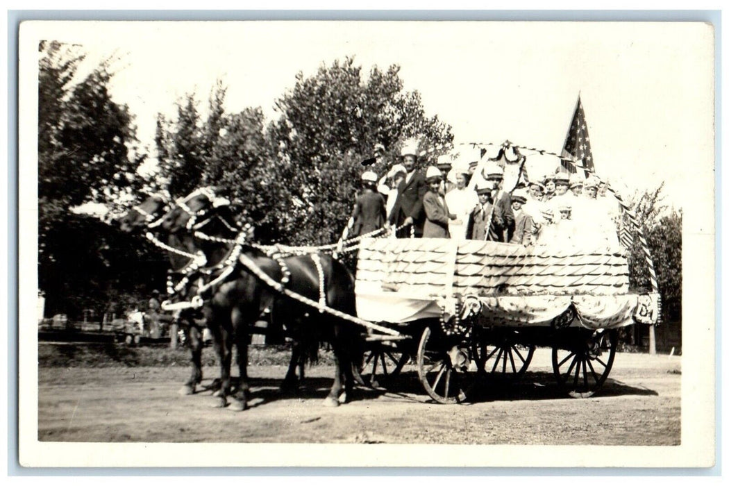 c1910's Children Riding Horse And Wagon Float Parade RPPC Photo Antique Postcard