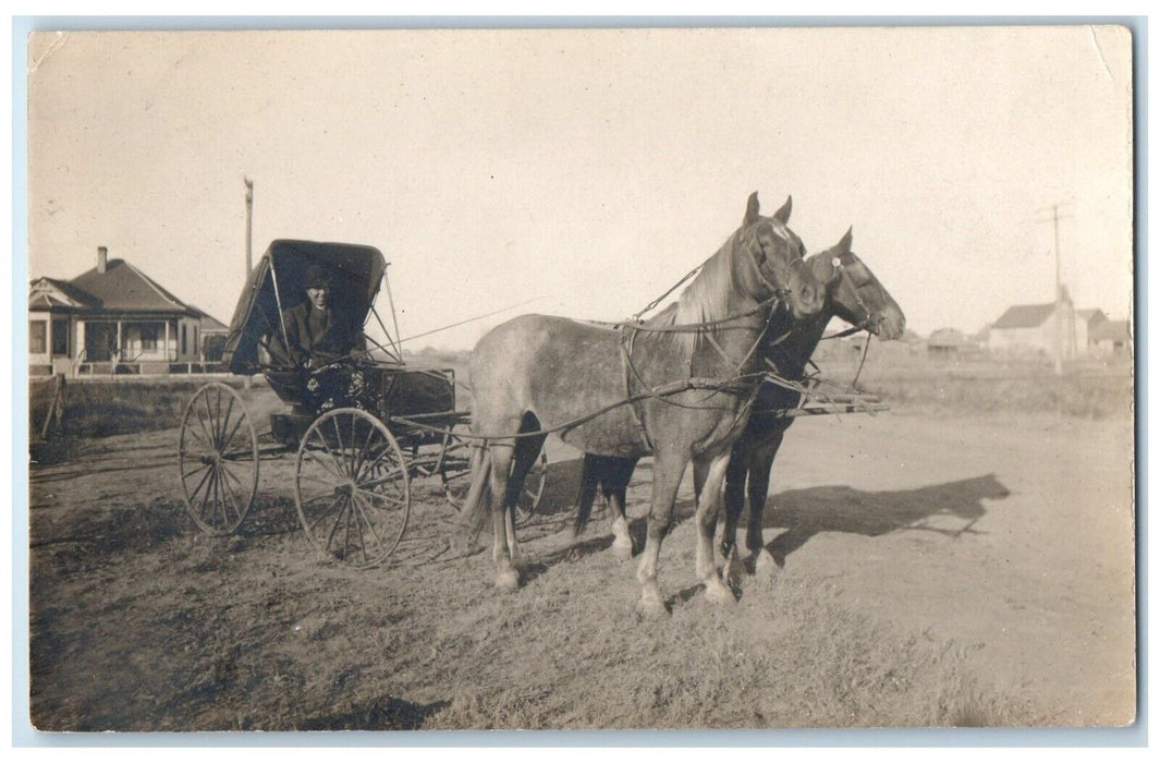 c1910's Boy Riding Horses And Buggy Dirt Road RPPC Photo Antique Postcard