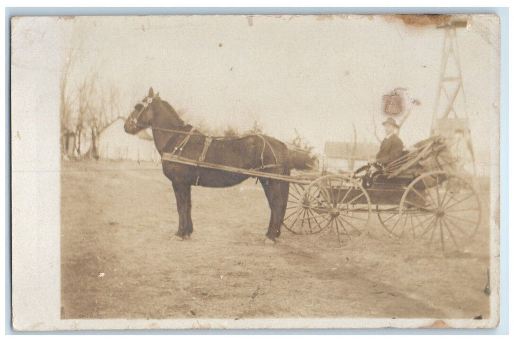 c1910's Man Riding Horse And Wagon Windmill RPPC Photo Unposted Antique Postcard