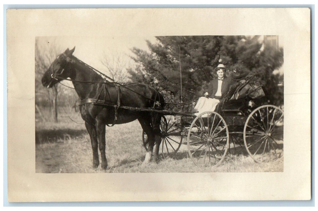 c1910's Man Riding Horse And Wagon Scene Trees RPPC Photo Antique Postcard
