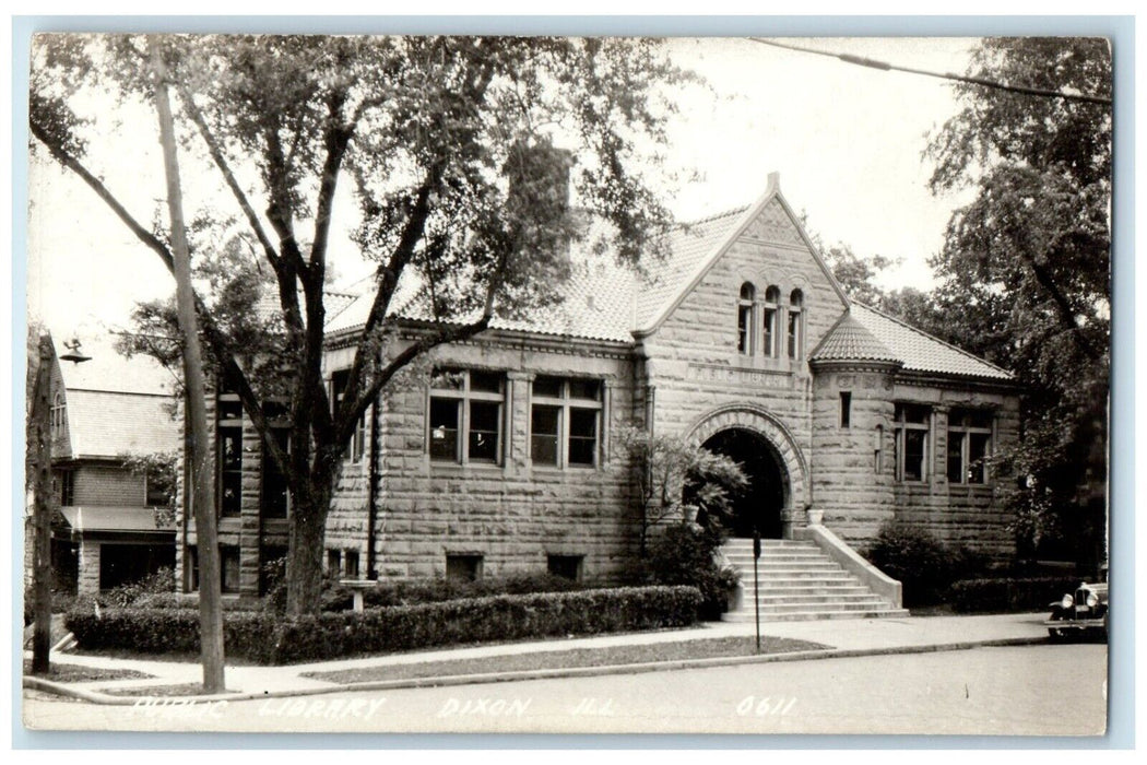 c1940's Public Library Car Street View Dixon Illinois IL RPPC Photo Postcard