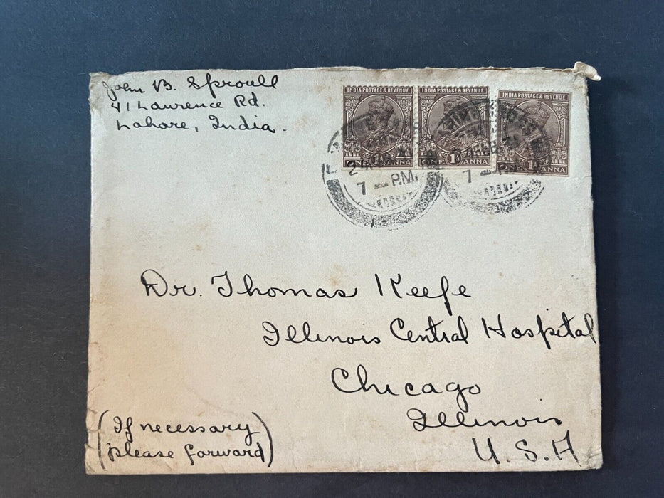 c1920's John B. Sproull Lahare India to Chicago Illinois USA United State Cover