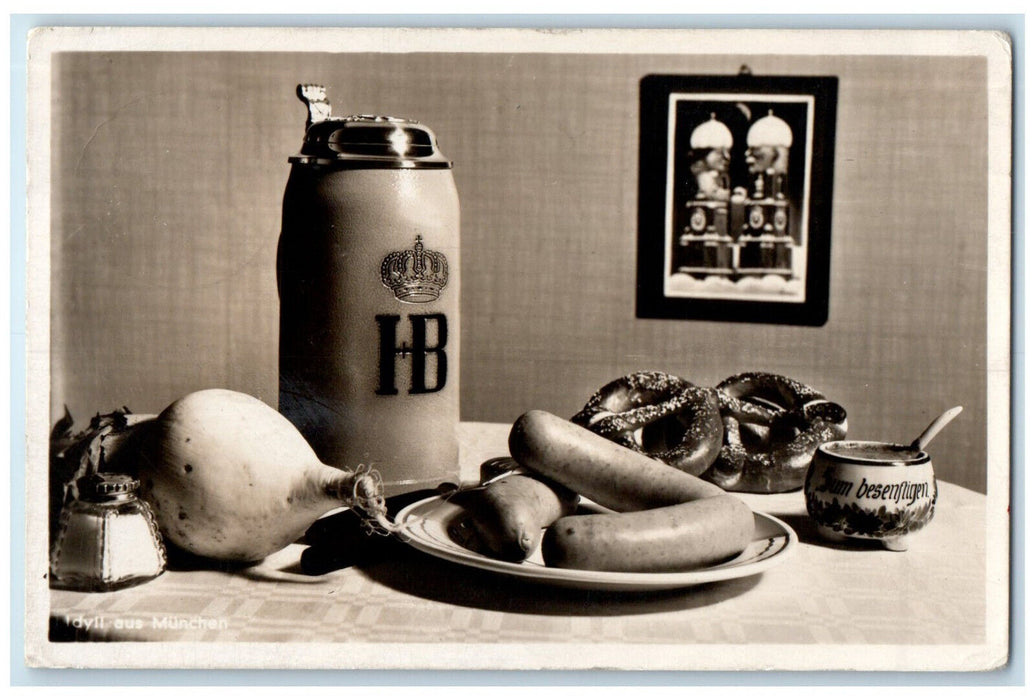 1937 Pretzel Bread Photo Breakfast in Munich Germany RPPC Photo Postcard