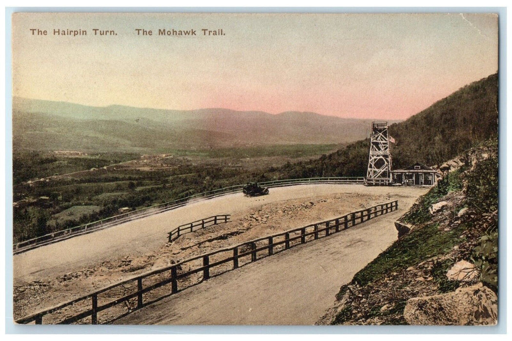 c1940 Hairpin Turn Mohawk Trail Williamstown Massachusetts Hand-Colored Postcard