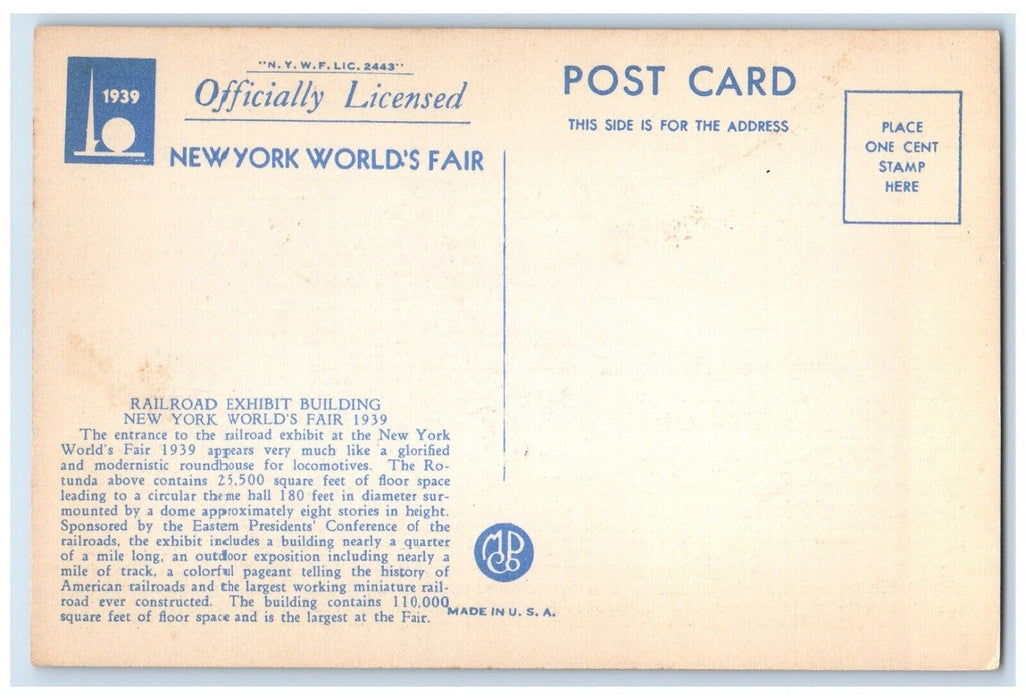 1939 New York World's Fair Railroad Exhibit Building Flags Vintage Postcard