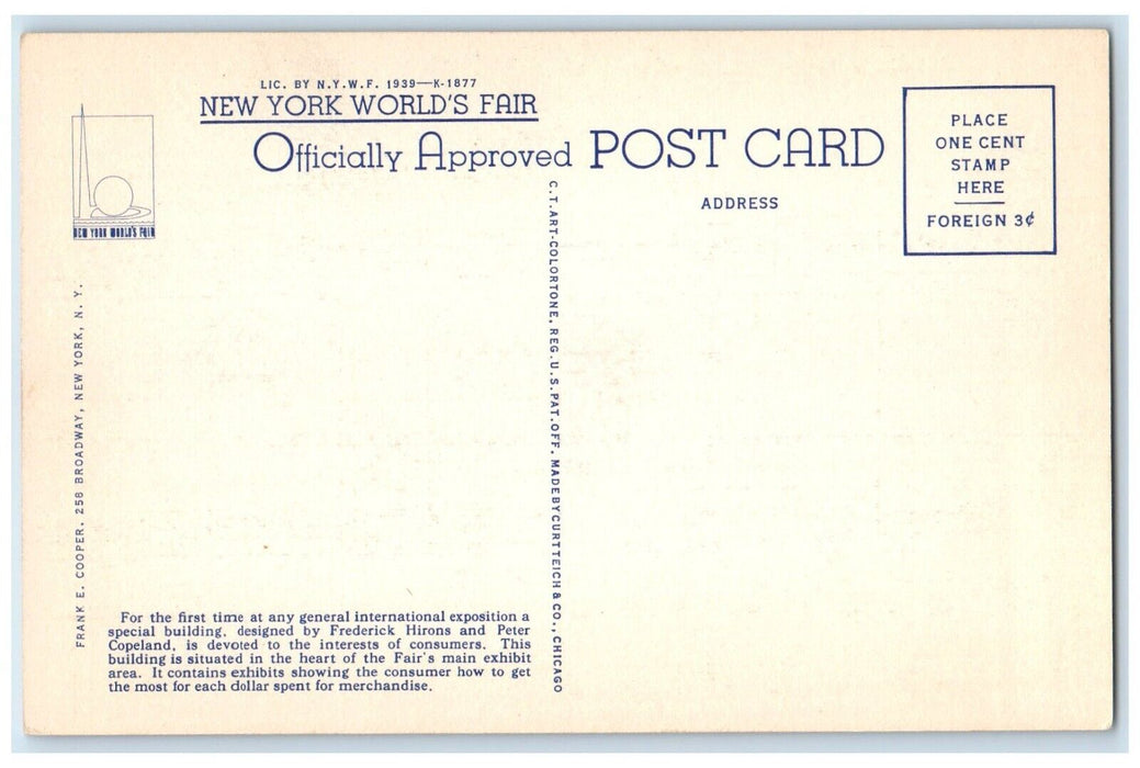 1939 New York World's Fair The Consumers Building Exposition Vintage Postcard