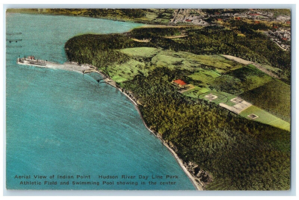 1938 Aerial View Indian Point Hudson River Day Line Park Hand-Colored Postcard