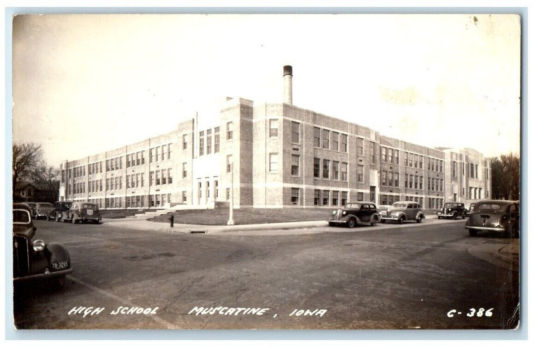 c1930's High School Building Street View Muscatine Iowa IA RPPC Photo Postcard