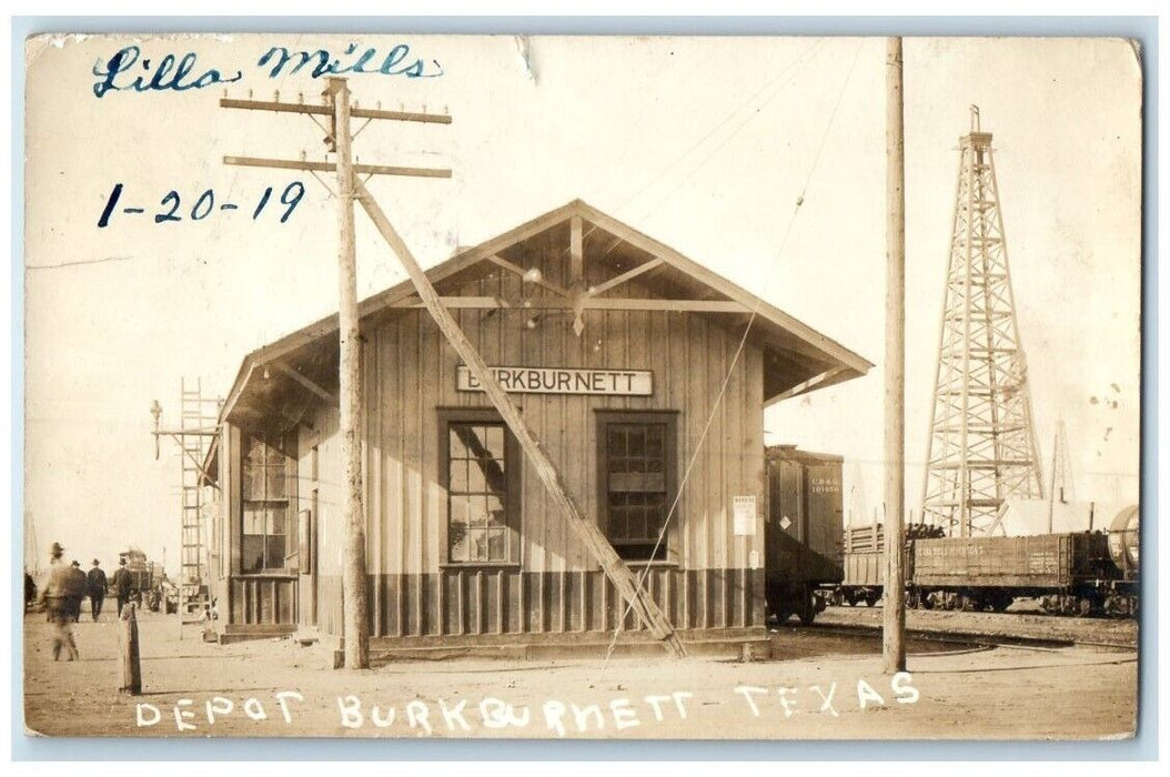 1919 Railroad Train Depot Oil Well View Burknurnett Texas TX RPPC Photo Postcard