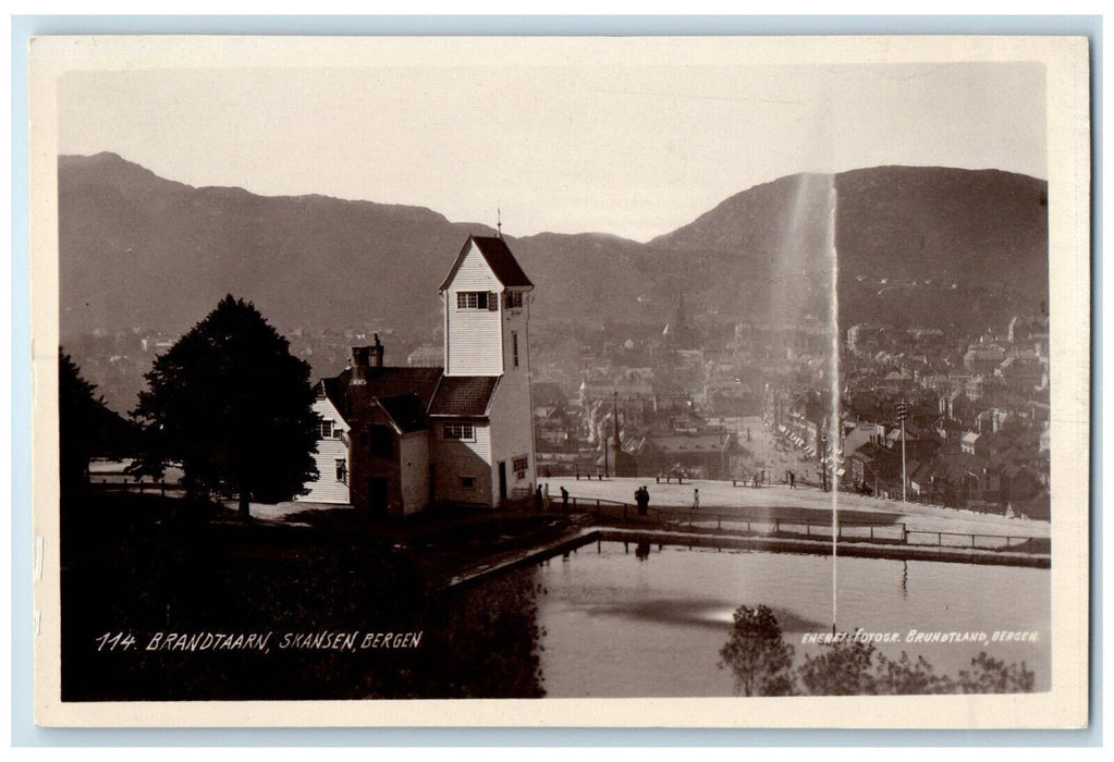 c1940's Fire Tower Skansen Bergen Sjoboder Norway RPPC Photo Postcard