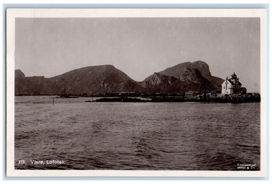 c1930's River Mountain View in Værøy Lofoten Norway RPPC Photo Postcard