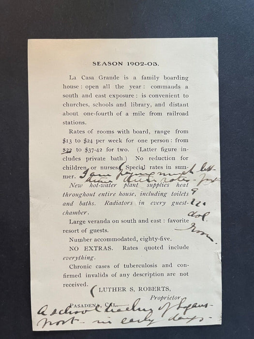 1902 La Casa Grande Boarding House Pasadena CA Pamphlet Advertising Cover