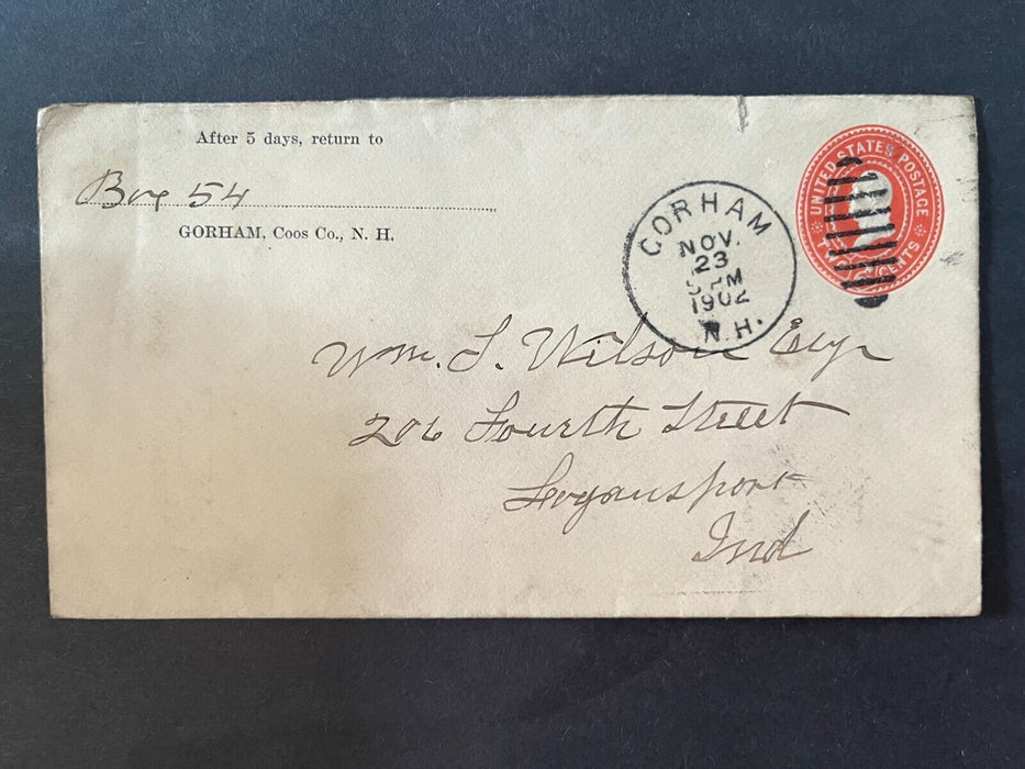 1902 Box 54 Gorham Coos Co. New Hampshire Logansport Indiana Duplex Cancel Cover