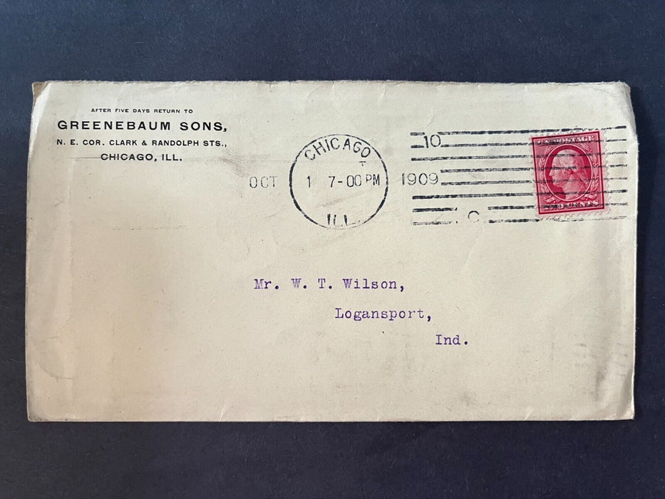 1909 Greenebaum Sons Chicago Illinois Logansport Indiana Flag Cancel Cover