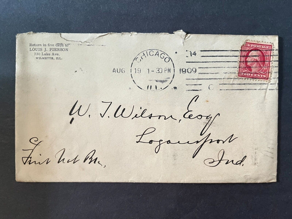 1909 Louis J. Pierson Wilette Illinois Chicago Logansport Indiana 2 Cent Cover