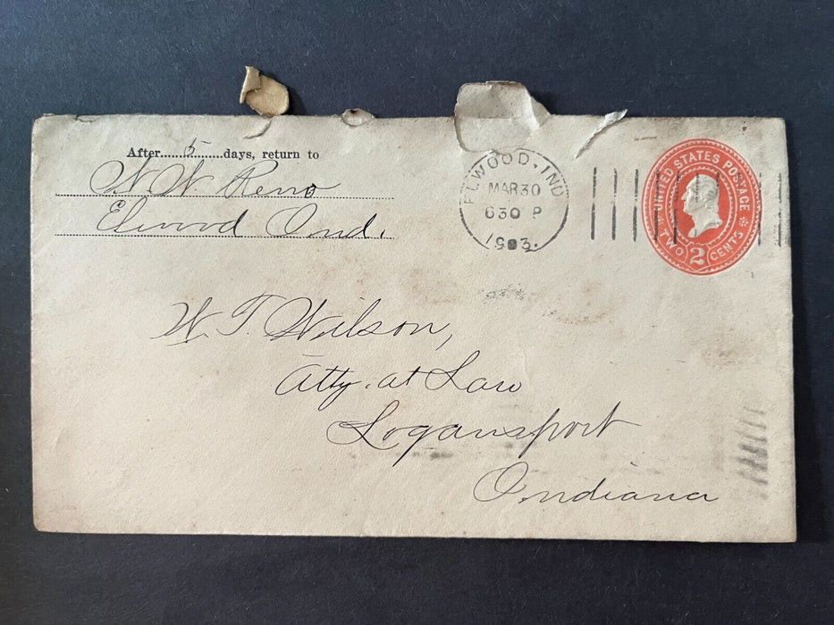 1903 Reno Elwood Indiana Logansport Flag Cancel 2 Cent Cover