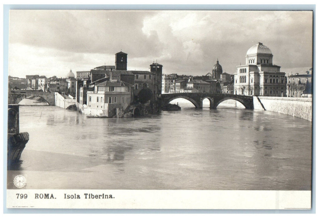 c1940's Bridge River View Tiber Island Rome Italy RPPC Photo Postcard